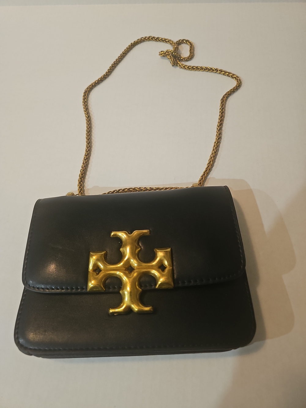 Tory Burch Black Leather Flap Shoulder Bag Crossbody Large Gold Logo Chain